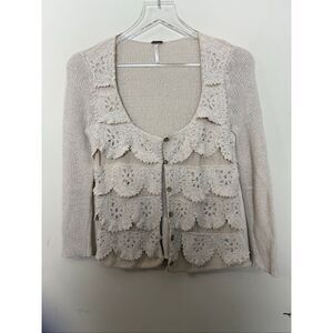 Free People Cream Crochet Lace Button Front Cardigan Boho Romantic Layer Small